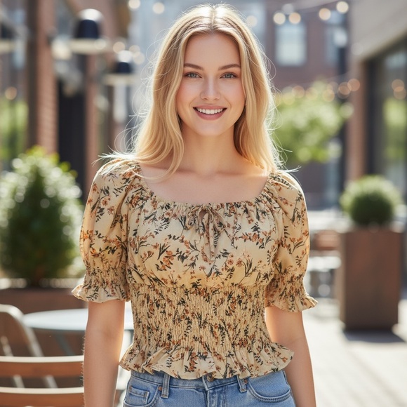 PAPERMOON Floral Beige Tan Peplum Top Jr Sz Large - Picture 1 of 9